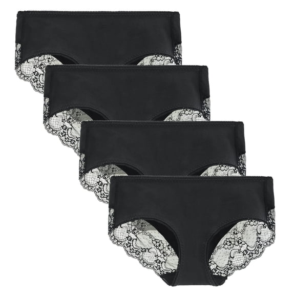 LIQQY Women's 4 Pack Cotton Mid Rise Full Coverage Lace Hipster Brief Panty Underwear (L, Black)