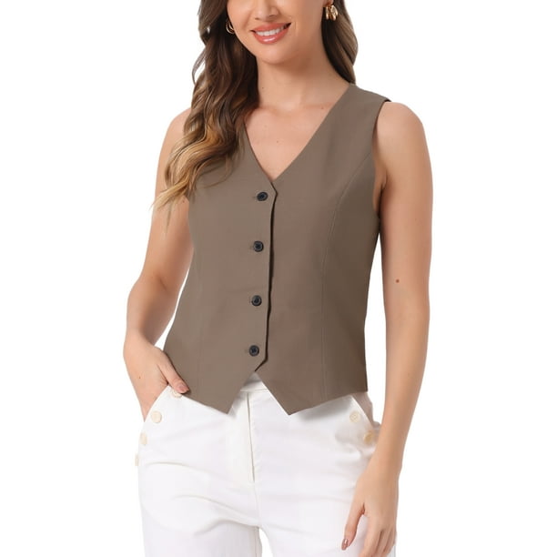 Chaleco sin mangas de botón y cuello en V para mujer Inspire Chic, color café, talla M