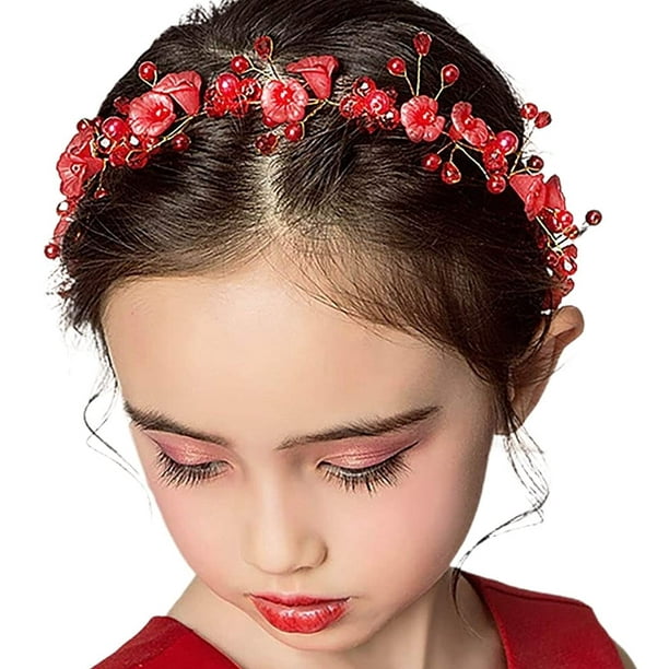 Campsis Princess Flower Headpiece Red Crystal Headband Cute Pearl Hair  Accessories Bridal Bride Wedding Prom Party Show Photography for Girls and  Women 