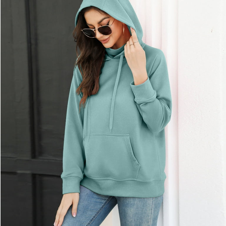 XFLWAM Women Casual Cowl Neck Hoodie Sweatshirt Long Sleeve Solid Color  Lightweight Pullover Tops Loose with Pocket Green S