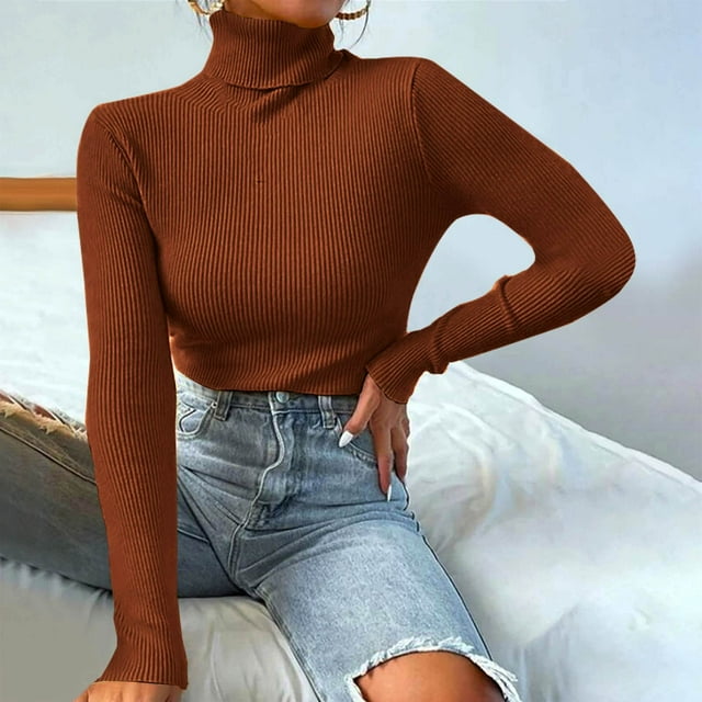 CFLVAEK Turtle Neck Sweaters for Women Lightweight Ribbed Knit Sweater Solid Color Slimming Shirts Casual Long Sleeve Fall Pullover Tops Orange L