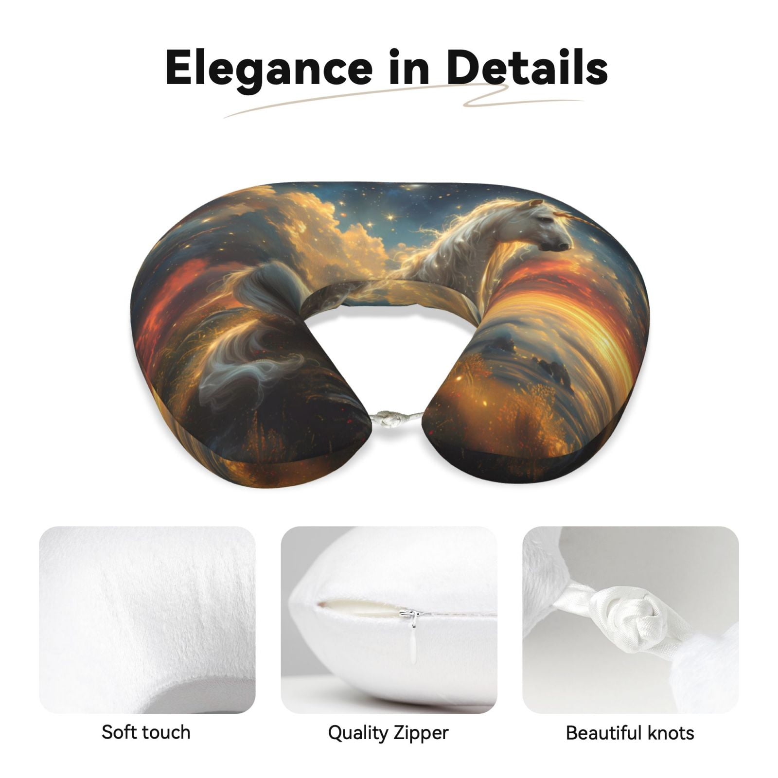 Xecao Starry Sky White Horse Print Memory Foam Cervical Neck Pillow Versatile U-Shaped Pillows for Home,Office,Camping,Travelling,Soft Washable Cover