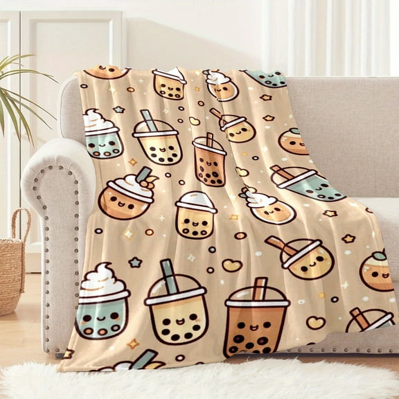 1pc 280gsm Cute Boba Tea Patterned Flannel Blanket Aesthetic Bedroom Decoration and Accessories Soft Cozy Printed Family Bedroom Dormitory Quilt Set