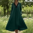 thumbnail image 5 of Lounge Dress for Women Color Block V Neck Flowy Dresses Long Sleeve Pleated Bust Maxi Dress with Pockets Green Dress,Size S-3XL, 5 of 9