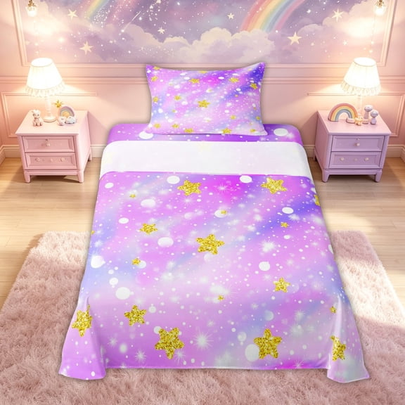 meiyoeat Dreamy Star Twin Sheets for Kids Girls, Purple Galaxy Rainbow Bedding for Bedroom, 3pcs