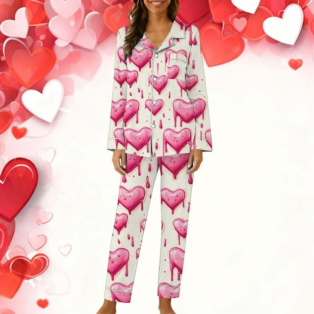 TaTaai Women's Valentine's Day Printed Lapel Loungewear Set, Long Sleeve Top and Pants Pajama Outfit, Casual Sleepwear Gift