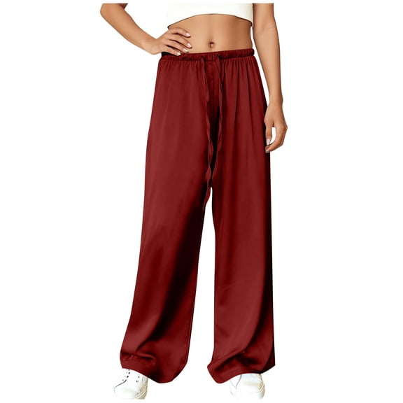 Kilaqueen Satin Pants for Women Drawstring Elastic Waist Flowy Wide Leg Pants Solid Color Stretch Casual Business Work Trousers
