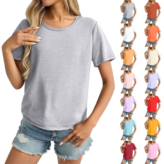 Summer Sales LSONABXA Saving $5 Womens T Shirt Short Sleeve Workout Tops Solid Color T Shirts Loose Fit Crewneck Basic Tee Summer Top C