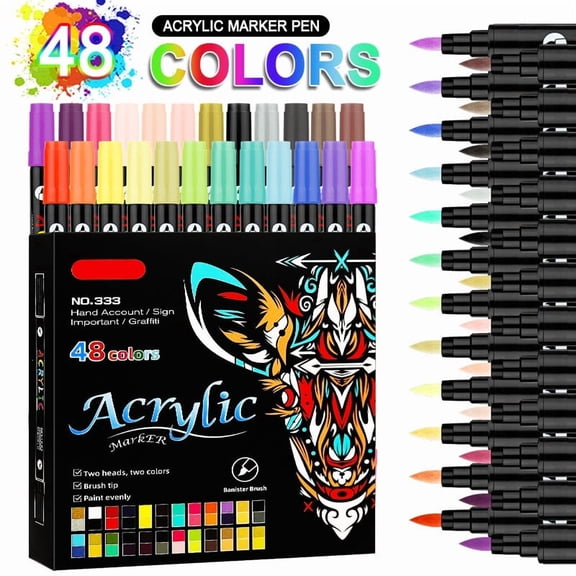 Double Ended Acrylic Marker Pen Set, 24 Pack Dual Tip Nail Art Paint Brush Pens for Beginners with Quick Dry & Vibrant Colors, Waterproof Permanent Ink for Nail Designs, Rocks, Wood