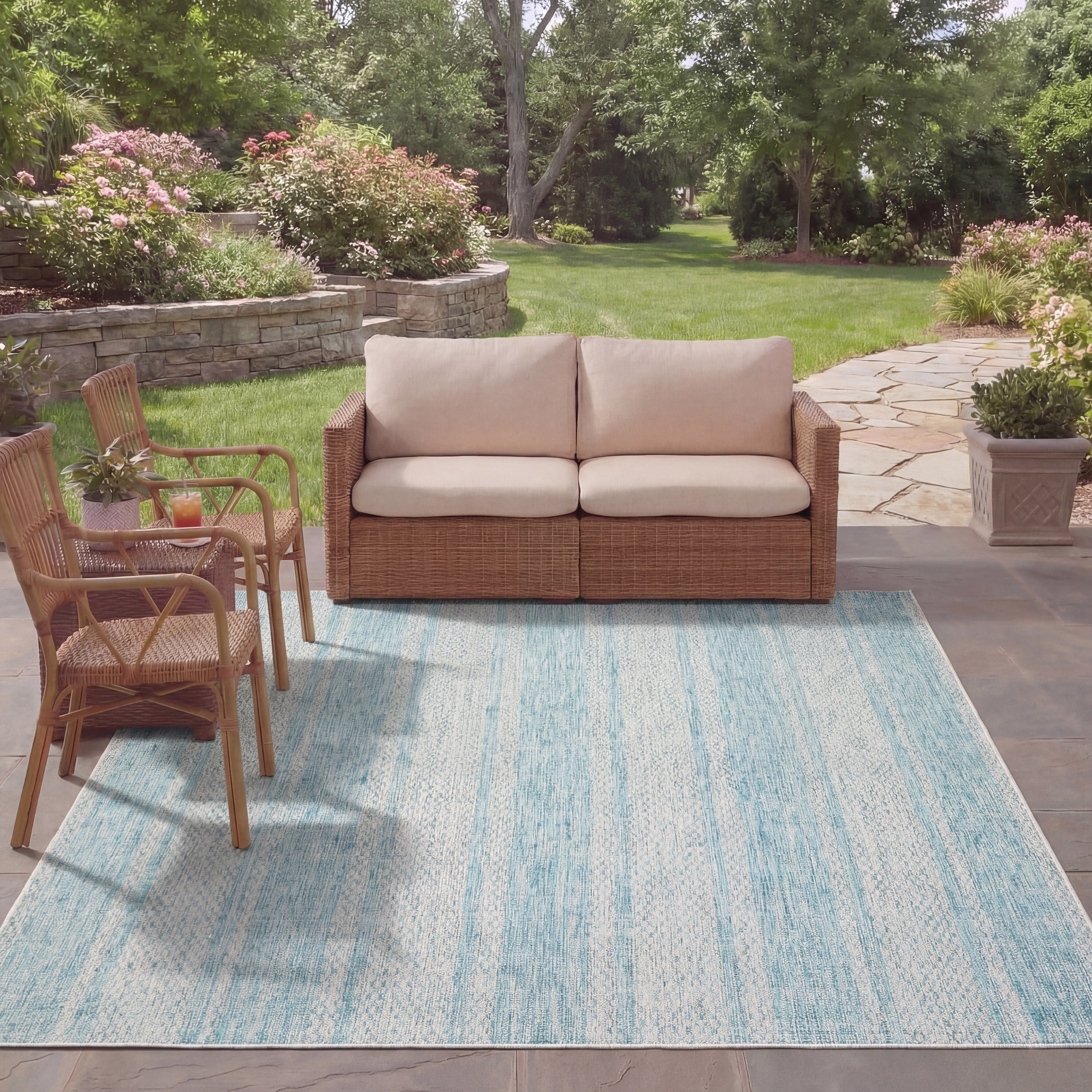 SAFAVIEH Courtyard Robert Striped Indoor/Outdoor Area Rug, 6'7" x 9'6", Light Grey/Aqua