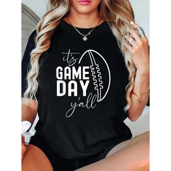 Energetic Game Day - Themed Art Tee,Tops Showcases "it's GAME DAY y'all" Text with a Football Design, Round Neck Regular Fit T - shirts, Size(S - 5XL)