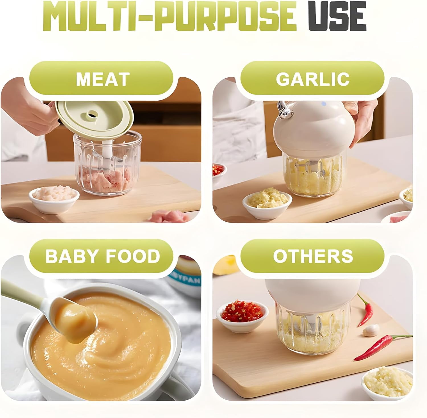 Multi-Function Electric Meat Grinder, 350ML Electric Meat Grinder, Multifunction Food Processor, Used For Dough Stirring, Onion, Meat, Nuts, Fruits, Garlic, Vegetables, Baby Food (Green)