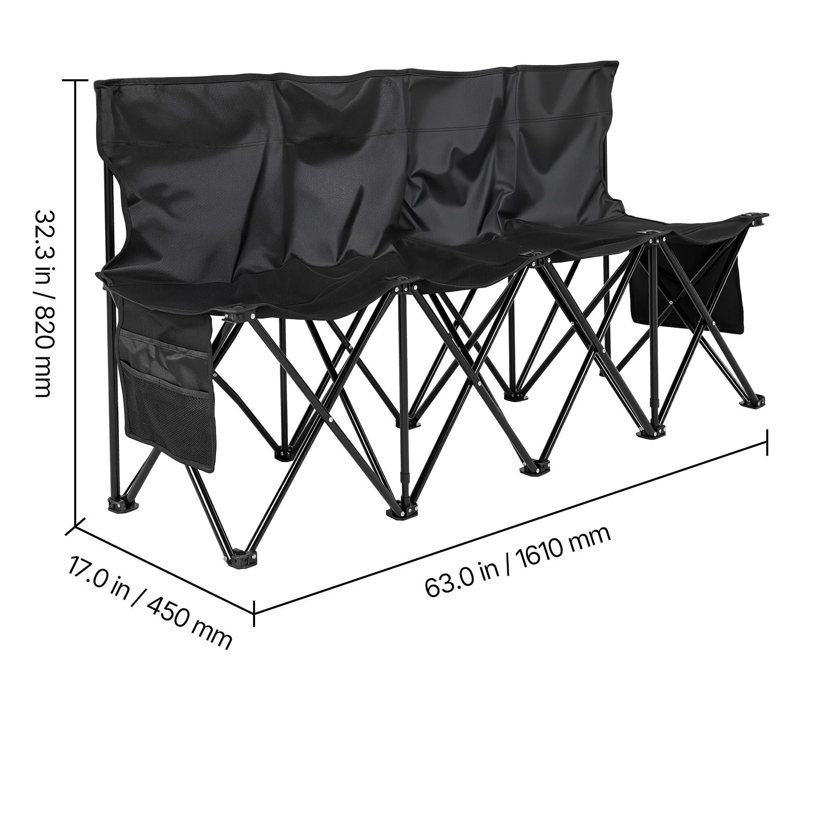 4 Person Portable Folding Sports Bench with Backrest, 4-Seat Foldable Soccer Sideline Bench Black with Side Storage Pockets Carry Bag, 600D Oxford Outdoor Team Bench for Football Camping Events