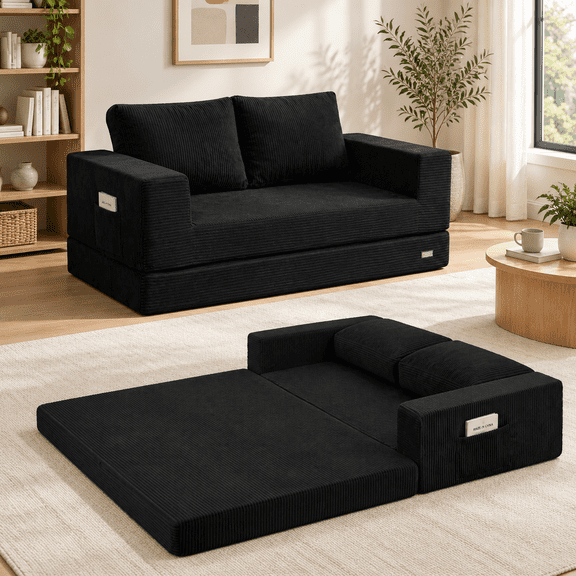 Black Convertible Folding Loveseat Futon Sofa Bed for Small Spaces