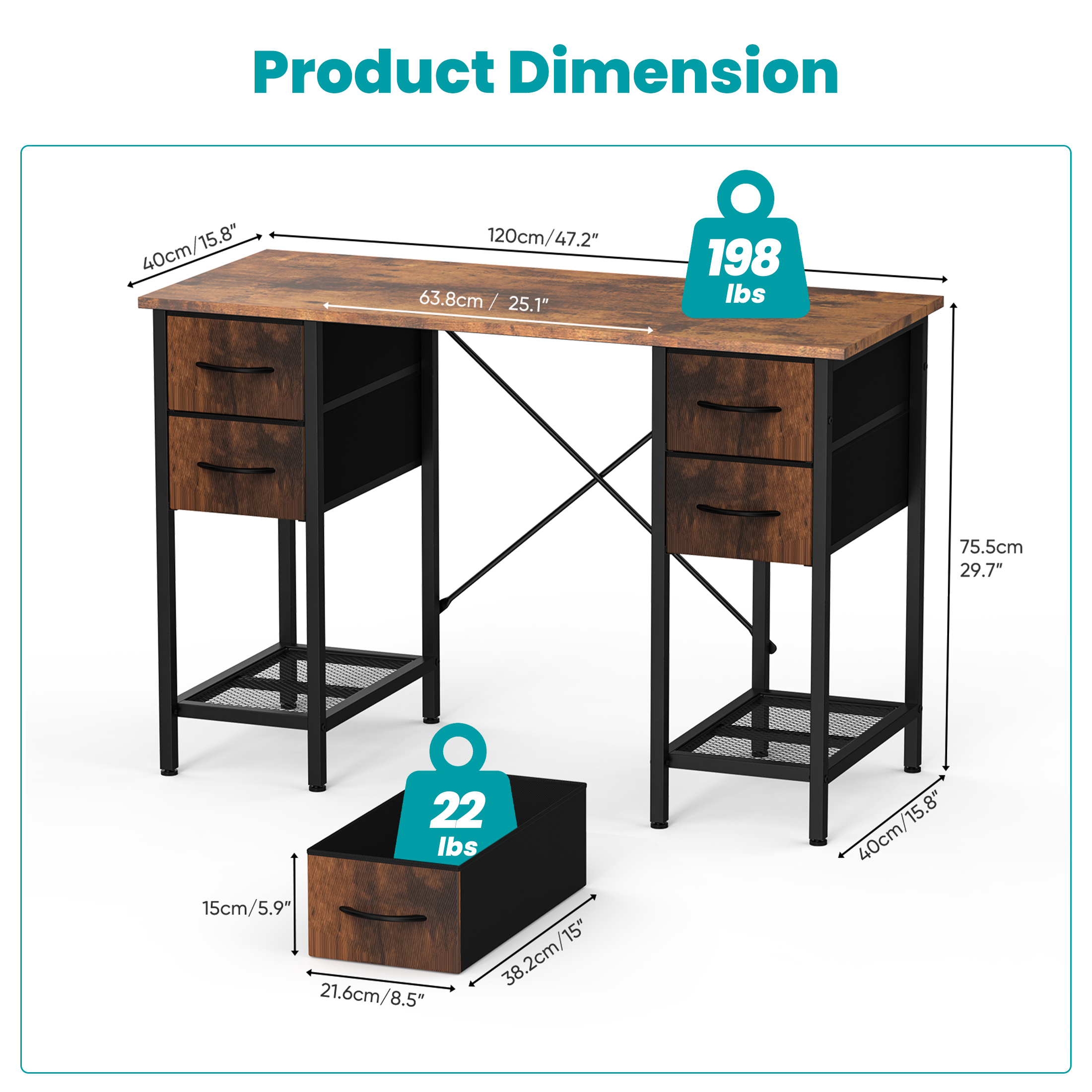 EDX 47 Inch Computer Desk with 4 Drawers, Office Desk with Mesh Shelf, Gaming Desk, Writing Work Desk, Large Storage, Rust