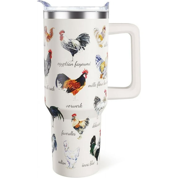40oz Stainless Steel Tumbler Cup with Handle - Funny Chicken Design Rooster Hen Theme | Gift for Chicken Lovers, Chicken Owners, Women & Men
