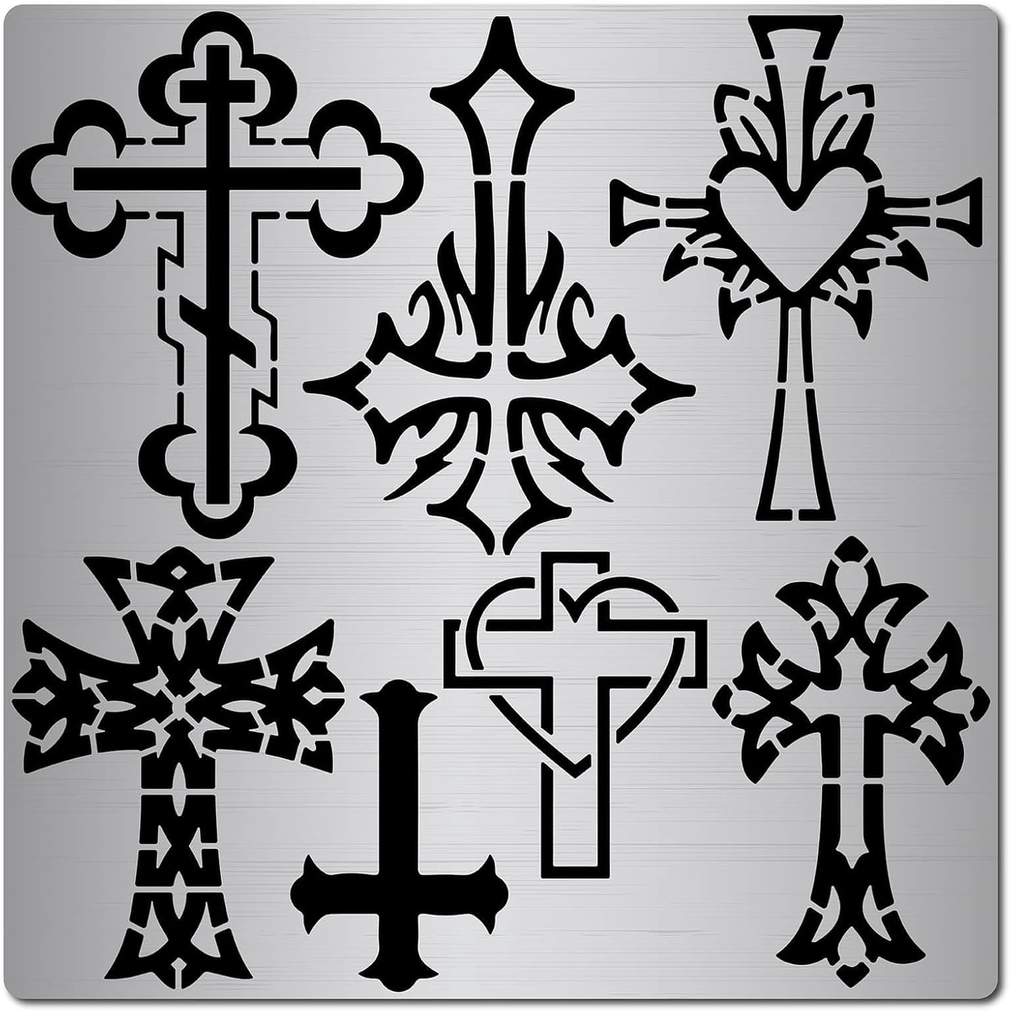 6.3 Inch 7 Styles Cross Metal Stencil Christian Metal Template Stainless Steel Journal Planner Stencils for Wood Burning Drawing Carving Pyrography Painting on Wood Crafting