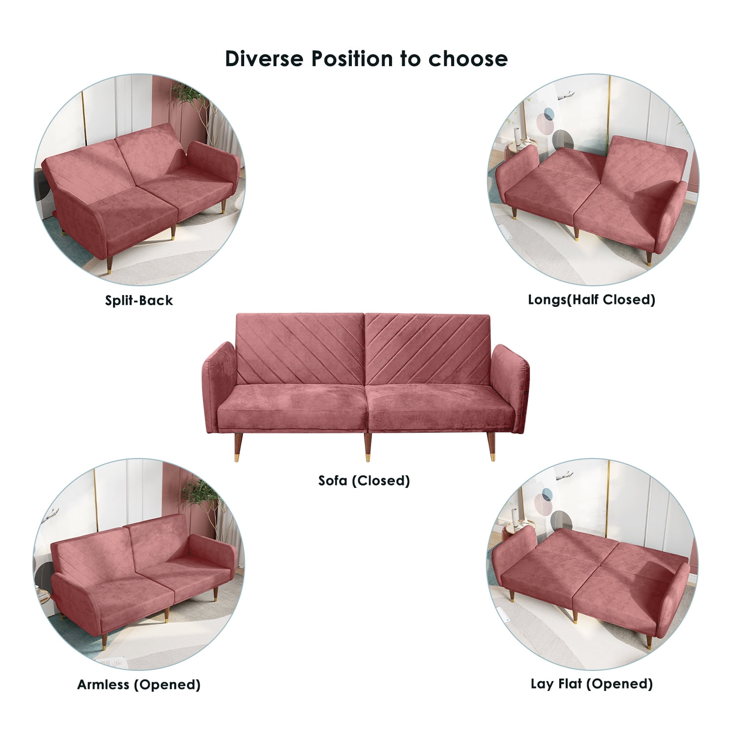 Resenkos Convertible 2-Seat Velvet Sofa Bed with Adjustable Backrest and Solid Wood Legs,Pink Resenkos Convertible 2-Seat Velvet Sofa Bed with Adjustable Backrest and Solid Wood Legs,Pink