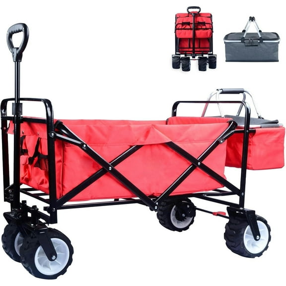 Fishing Cart 7'' Big All-Terrain Wheels Wagon Cart Foldable Collapsible Wagon Cart with Wheels, Cooler Bag, Cup Holders,Cargo Net,Beach Wagon for Camping, Shopping, Garden,Sports,Red
