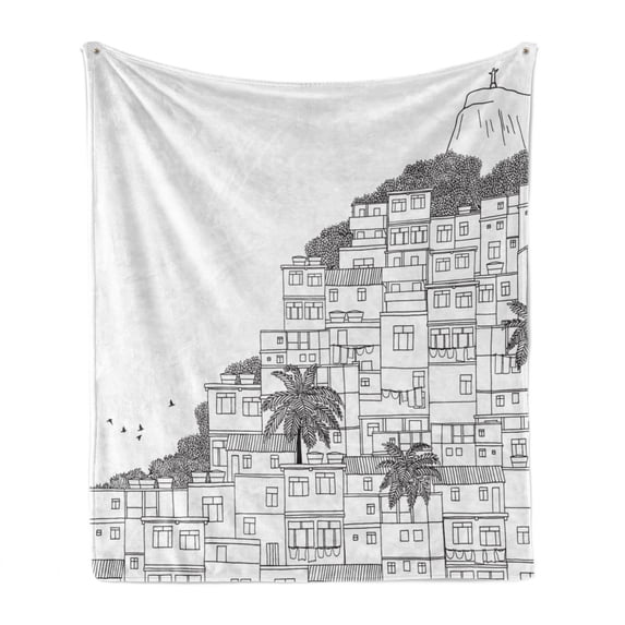 Rio de Janeiro Soft Flannel Fleece Throw Blanket, Brazil Apartments Palm Trees Before de Redeemer Sketch Art, Cozy Plush for Indoor and Outdoor Use, 50" x 60", Charcoal Grey and White, by Ambesonne