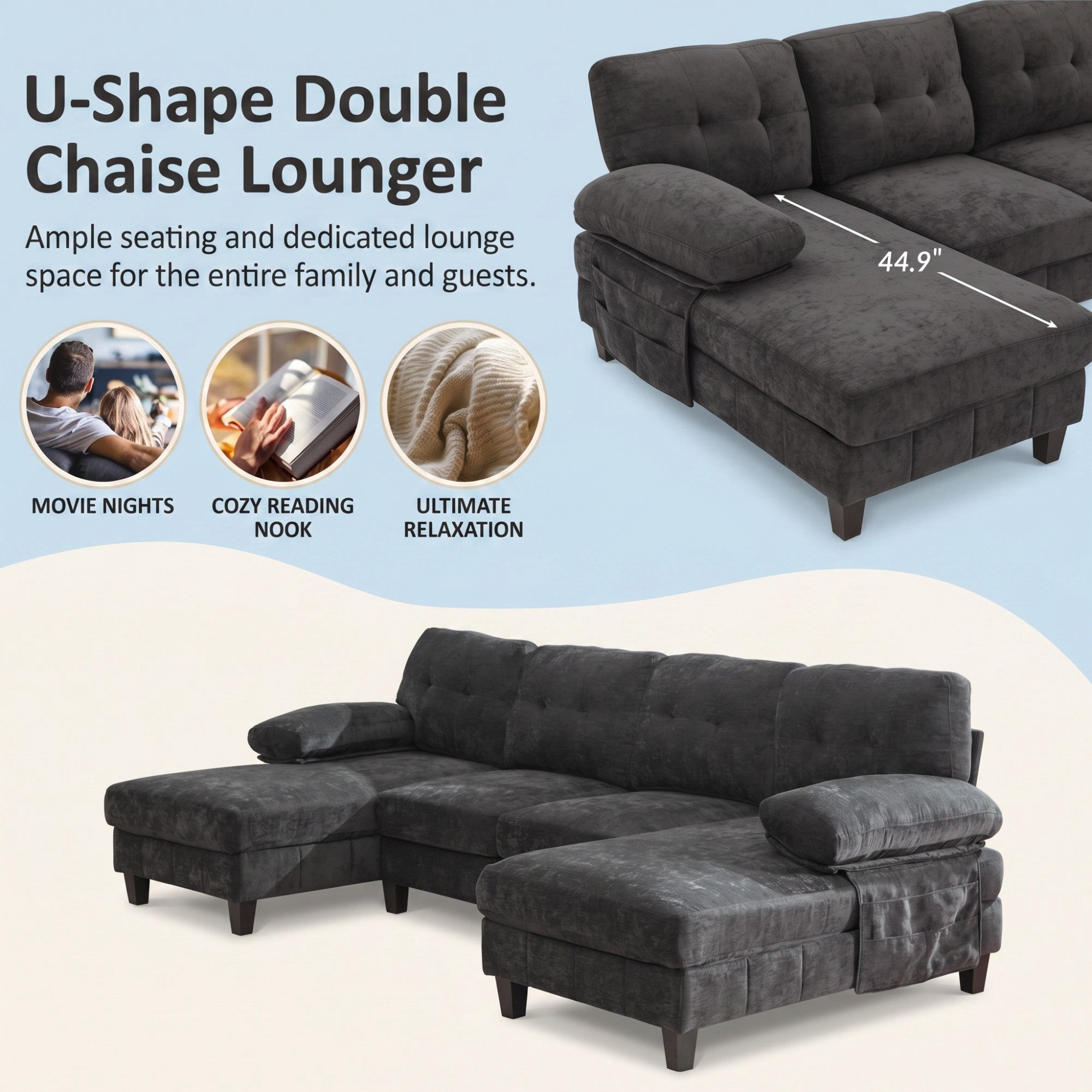 Sailvan 103.5" U-Shaped Sectional Sofa, Chenille Fabric Couch with Dual Chaises and Storage Pockets Black