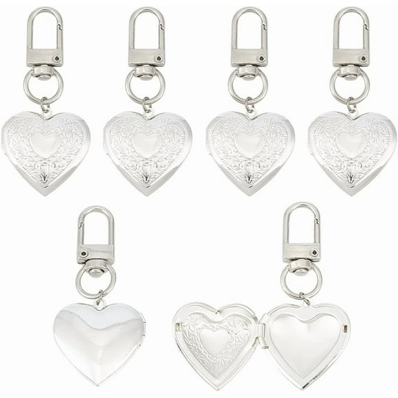 6Pcs Heart Brass Locket Pendant Decorations Swivel Clasps Charms for Bag Ornaments Silver 63.5mm