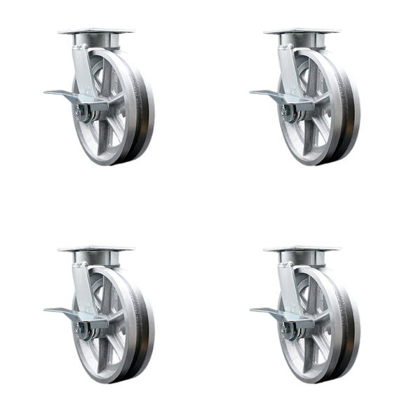 8 Inch KP V-Groove Semi Steel Swivel Caster Set with Ball Bearings and Brakes