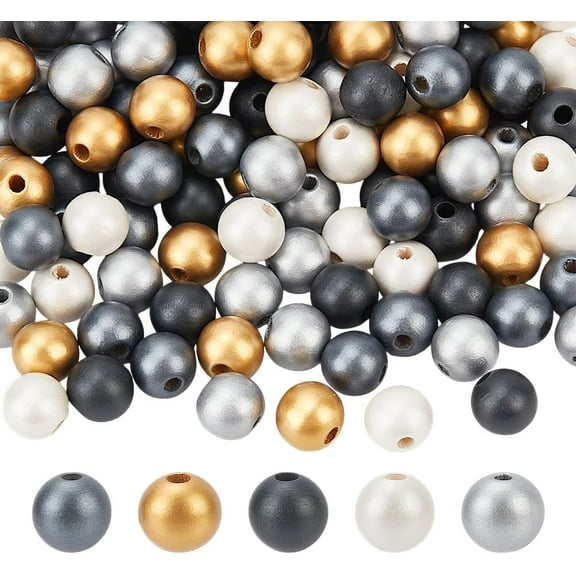 PH 150pcs 5 Colors Metallic Wooden Beads for Christmas 16mm Farmhouse Round Loose Spacer Beads Large Hole Wooden Craft Beads Macrame Wood Beads for Crafts Jewelry Making Home Decor Wedding colorful