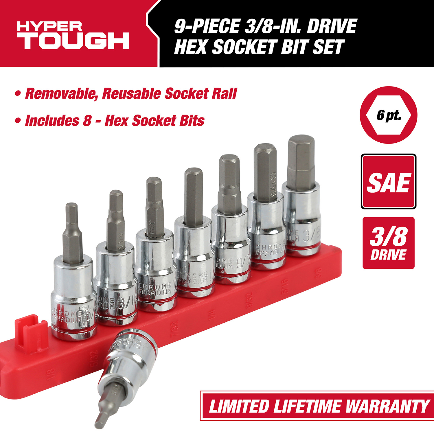Hyper Tough 9-Piece SAE Hex Socket Set with 3/8-Inch Drive photo 3