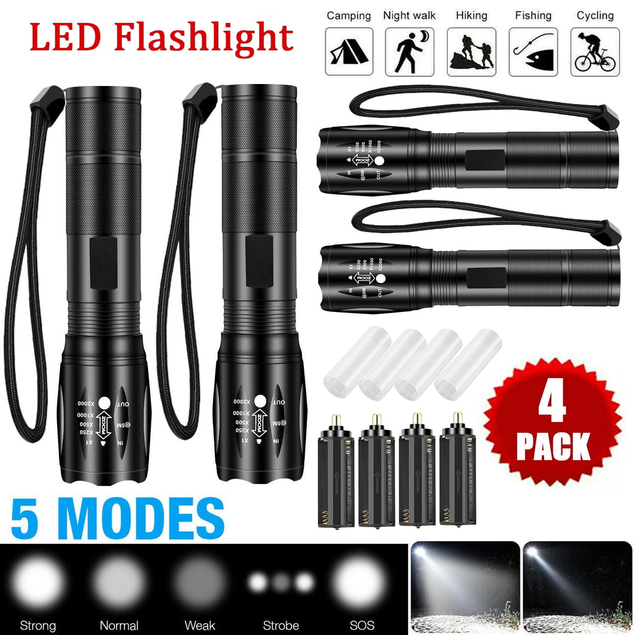 4 Pack USB Rechargeable LED Flashlight Adjustable Focus Outdoor 5-Modes Flashlight (Not included Battery)