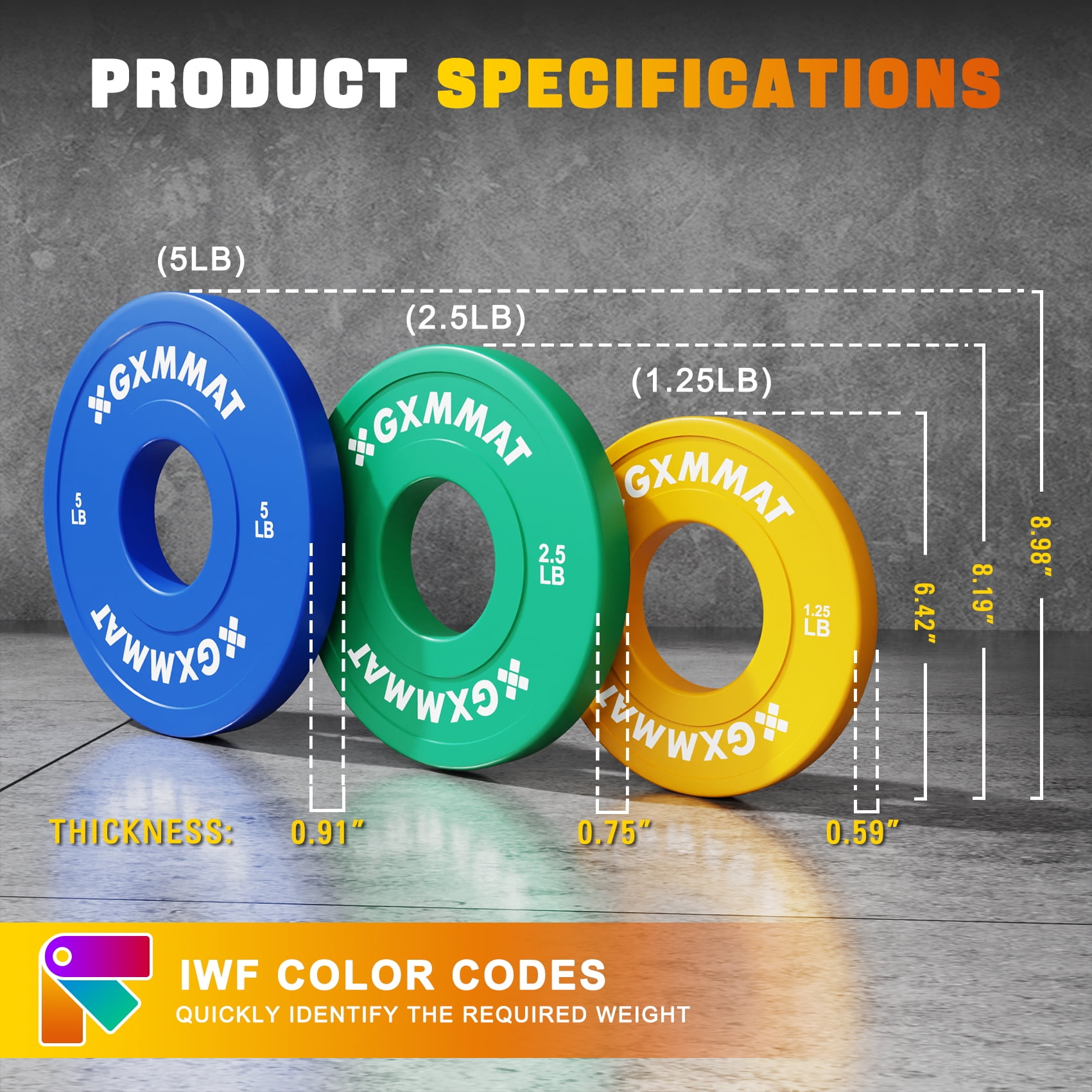 GXMMAT Olympic Bumper Plate Set, Steel-Core Rubber Coated for 2" Standard Barbells, 1.25/2.5/5lb Color-Coded, Ideal for CrossFit/Powerlifting/Home Gym Training