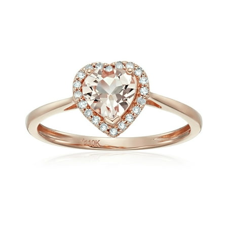 - Pinctore 10k Rose Gold Morganite and Diamond Solitaire Heart Halo Engagement Ring (1/10cttw, H-I Color, I1-I2 Clarity), Size 7