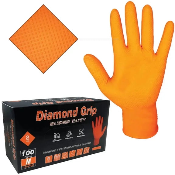 Heavy Duty 8-mil Industrial Orange Nitrile Gloves with Raised Diamond Texture - Box of 100 - Latex Free, Powder Free Size: Medium