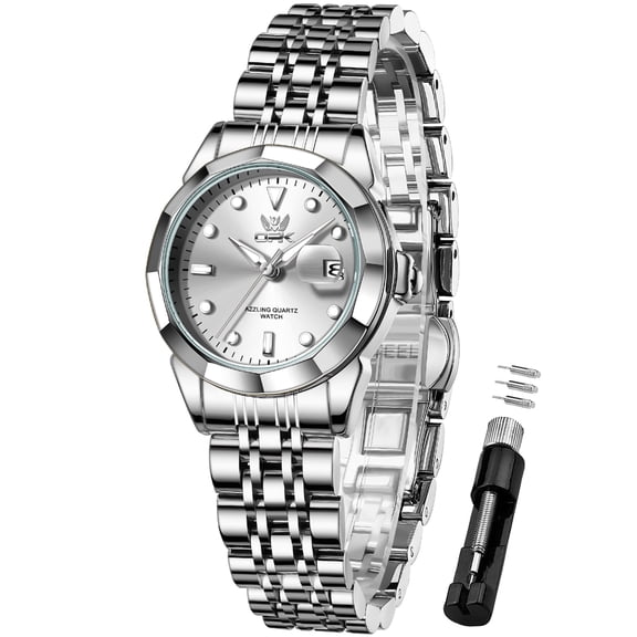 OPK Watches for Women Stainless Steel Fashion Dress Luxury Big Large Face Waterproof Quartz Analog Female Watches with Date Ladies Watch Reloj para Mujer (Gold/Blue/Black Dial)