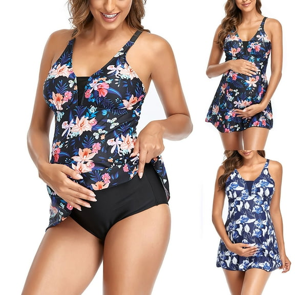 Jacenvly 2024 Maternity Swimwear One Piece Skin-Friendly Women's Swimsuit Elegant Pregnancy Swimwear Printing Bowknot Bathing Suit Floral V-Neck Cozy Swimsuit Motherhood Red