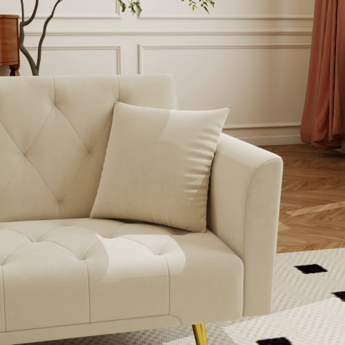 72-Inch Foldable Sleeper Sofa, Tufted American Retro Style, Velvet Couch with 3 Adjustable Positions, Ideal for Small Living Rooms, Bedrooms and Offices, Beige