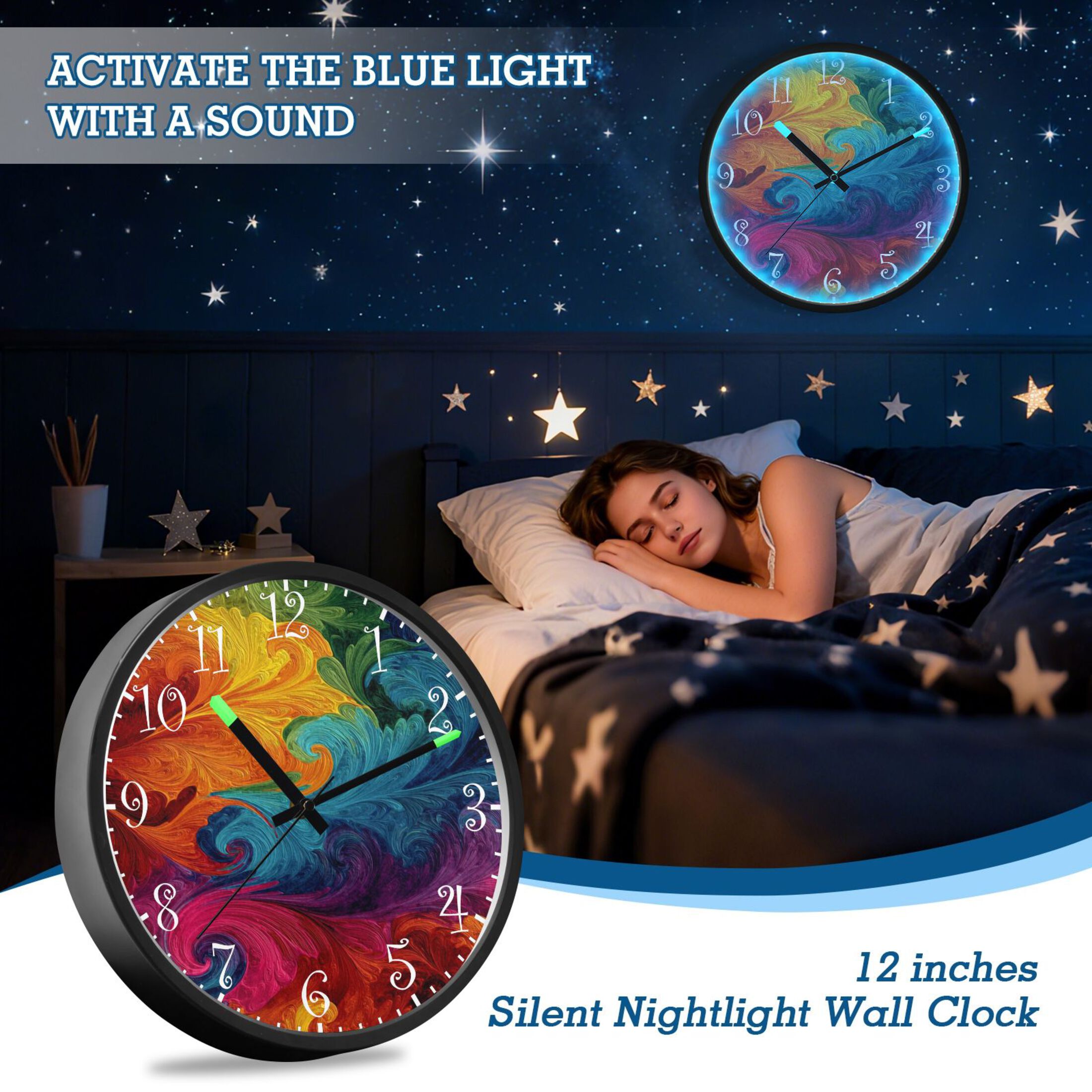 Voice Activated Clock with Glow Light 12 Inch Large Silent Wall Clock Battery Operated for Home Decor Vibrant Colorful Tie-dye Pattern