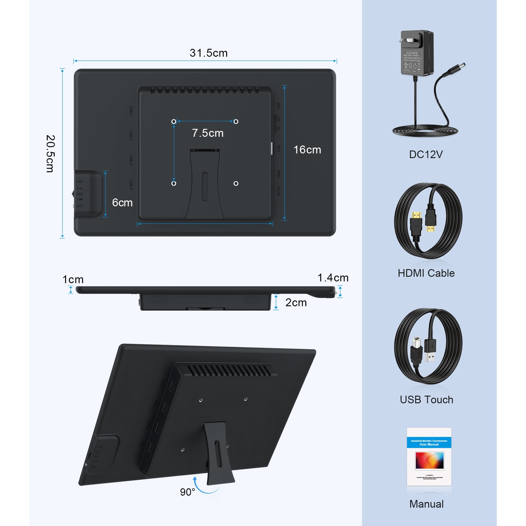 HOWENS 13.3-inch Portable Touchscreen Monitor with HDMI and VGA Ports, 1920×1080 FHD Portable Touch Screen Display Compatible with Laptops, PCs, PS5/4, Industrial Use, Small Screen Extender