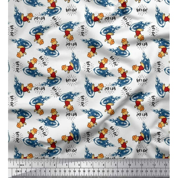 Soimoi Crepe Silk Fabric Text,Rugby Ball & Bird Cartoon Printed Fabric 1 Yard 42 Inch Wide