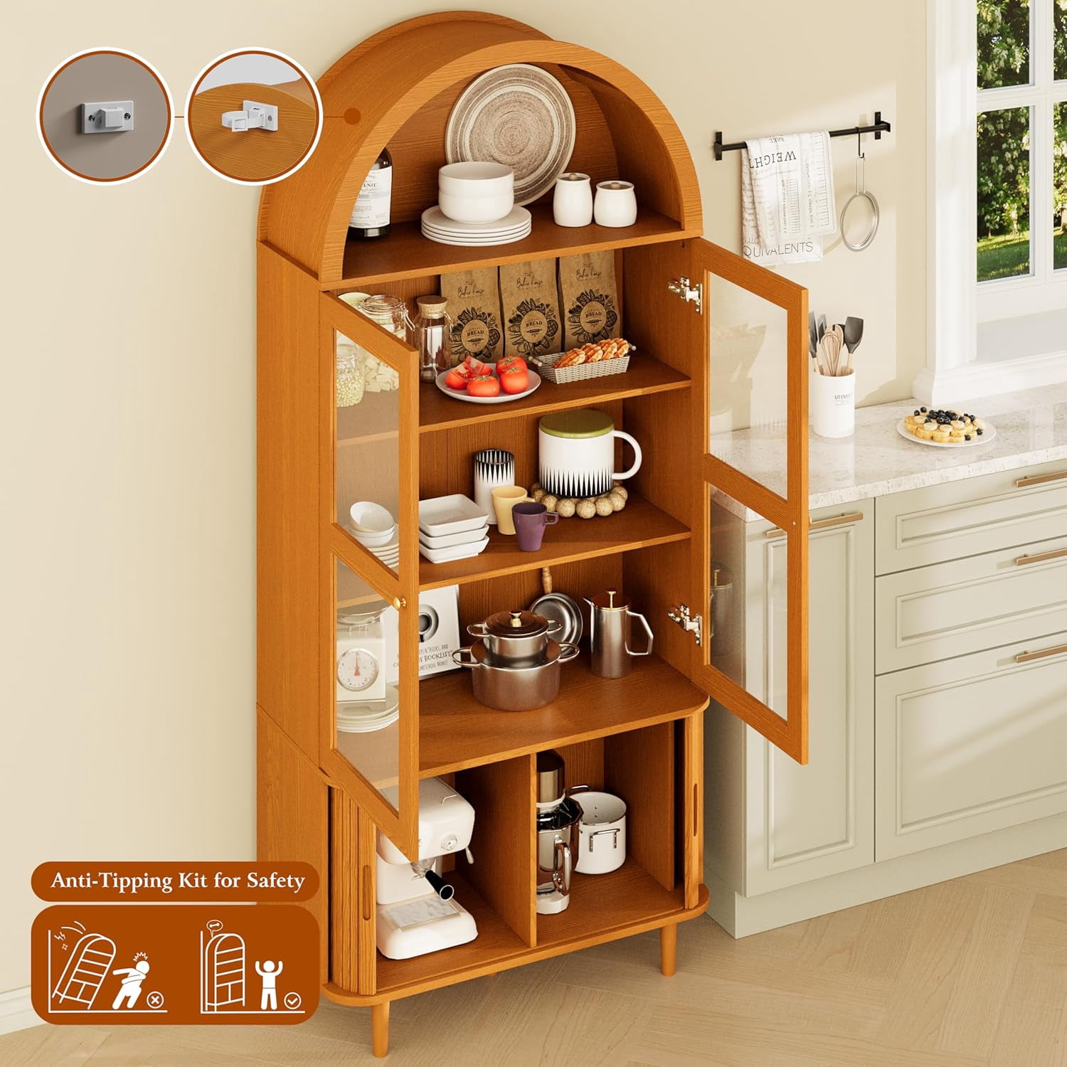 71" Arched Cabinet with Glass Doors, Fluted Tall Pantry with Sliding Doors＆ Adjustable Shelves, Modern Accent Cabinet for Living Room, Kitchen, Dining Room, Yellow Walnut