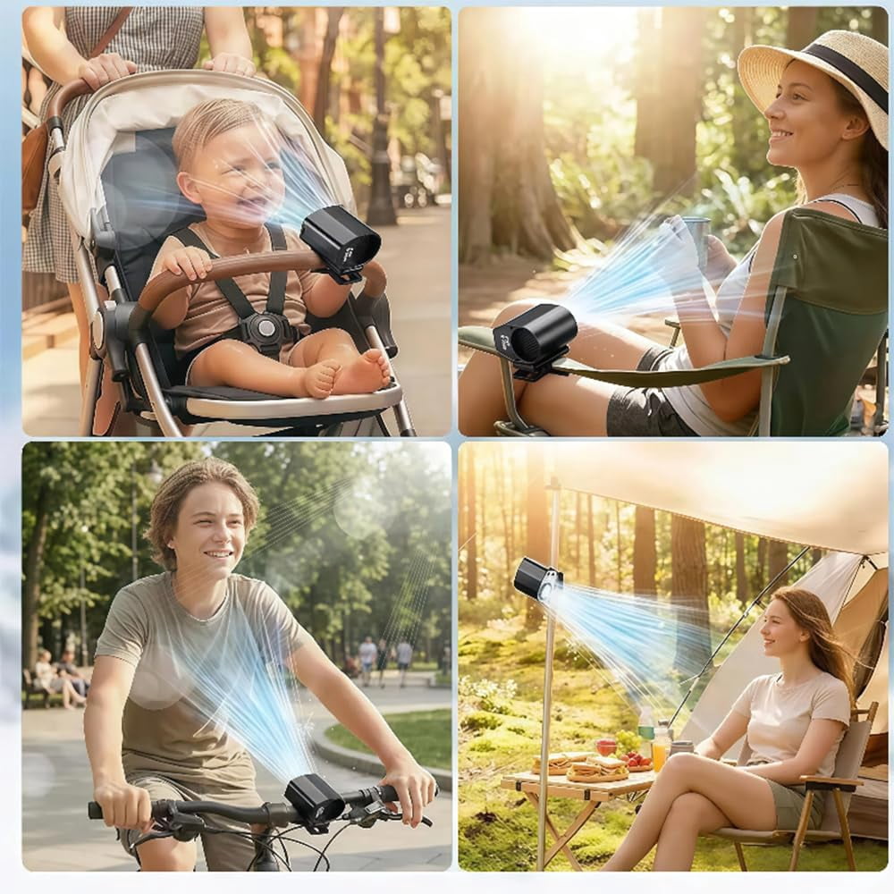 Car Clip on Air Conditioner Fan – USB rechargeable fan with powerful semiconductor cooling, lightweight and portable for cars, beaches, or umbrellas.