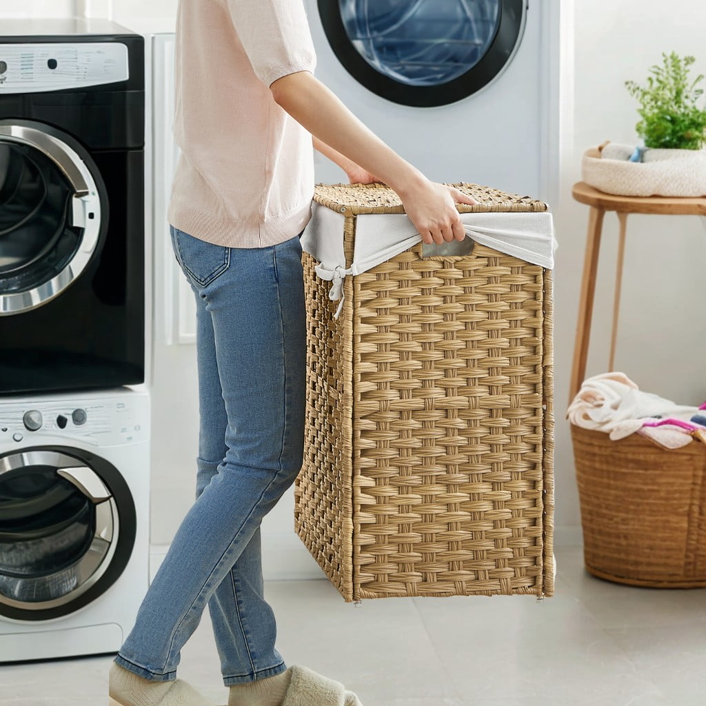 140L (37 Gallon) Rolling Laundry Hamper with Lid, 3-Section Synthetic Rattan Laundry Basket Storage with Removable Liner, 26x13x26 Inches