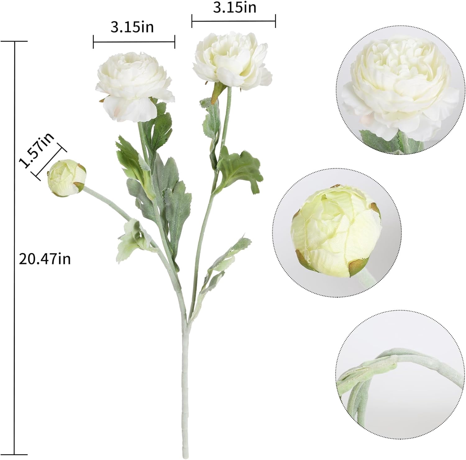 White Peonies White Artificial Ranunculus Flowers8Heads Faux Peonies .7" White Fake Flowers for Floral Arrangements Wedding Decorations for Home Decor Indoor (White)