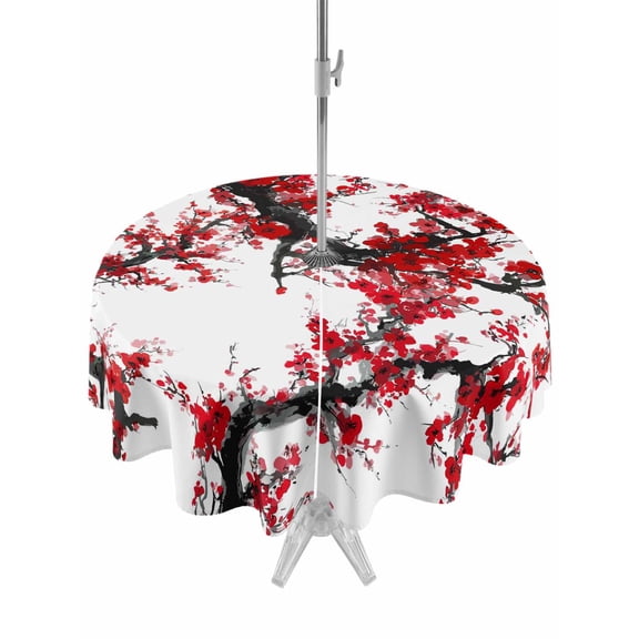 Outdoor Tablecloth with Umbrella Hole and Zipper, Red Plum Round Table Cloth 60 Inch Waterproof Tablecloth, Nature Flowers Branches Chinese Painting Picnic Table Cover for Patio Camping