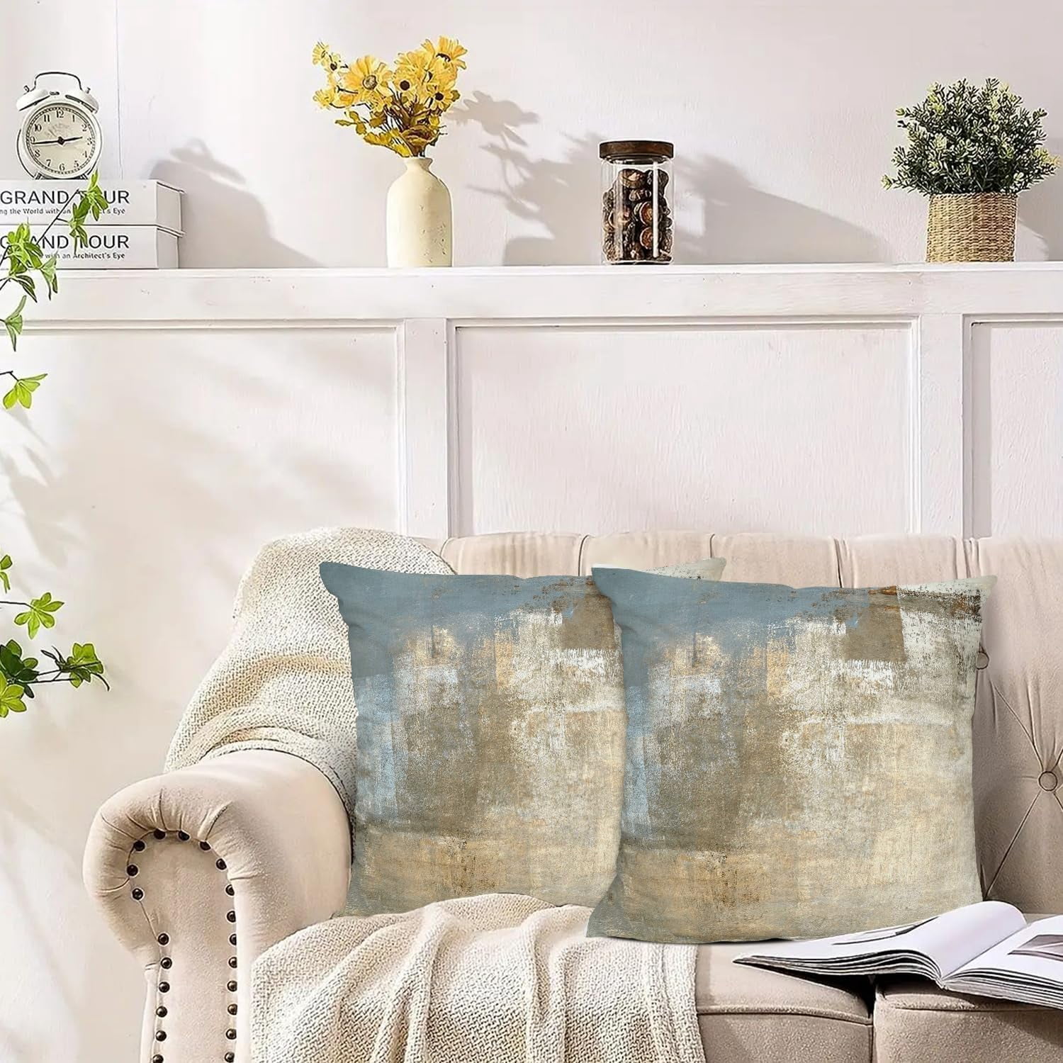 LALILO Grey and Beige Abstract Art Contemporary Pillow Cover, Modern Cushion Cover 18 x 18 Inch 2Pcs