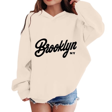 WhouRiu Little Girl s Hoodie Letter Prints Loose Comfy Long Sleeve Hooded Sweatshirt Child Soft Cozy Athletic Hoodies Beige Sized 5-6