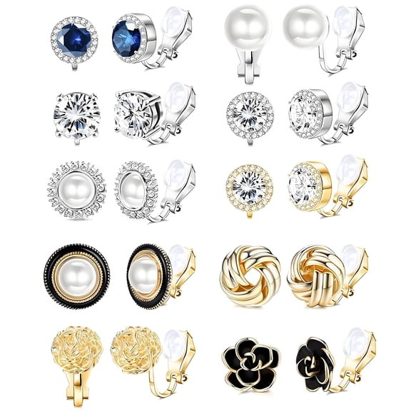 DESIGNICE 10Pairs Earring Set,Pearl Rhinestones Clip Earrings for Women,Fashionable Versatile Small Earrings for Women Clip on Earrings Women