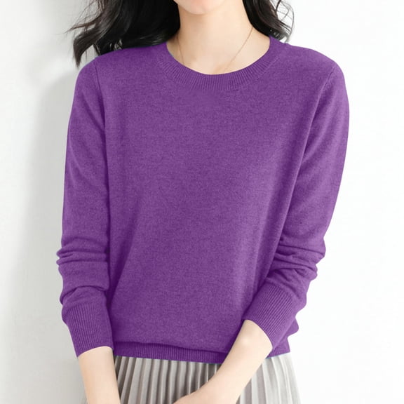 ZHOGXU Women Knit Sweater Long Sleeve Round Neck Solid Color Loose Fit Comfortable Warm Pullover Tops For Casual Daily Wear Dark Purple L