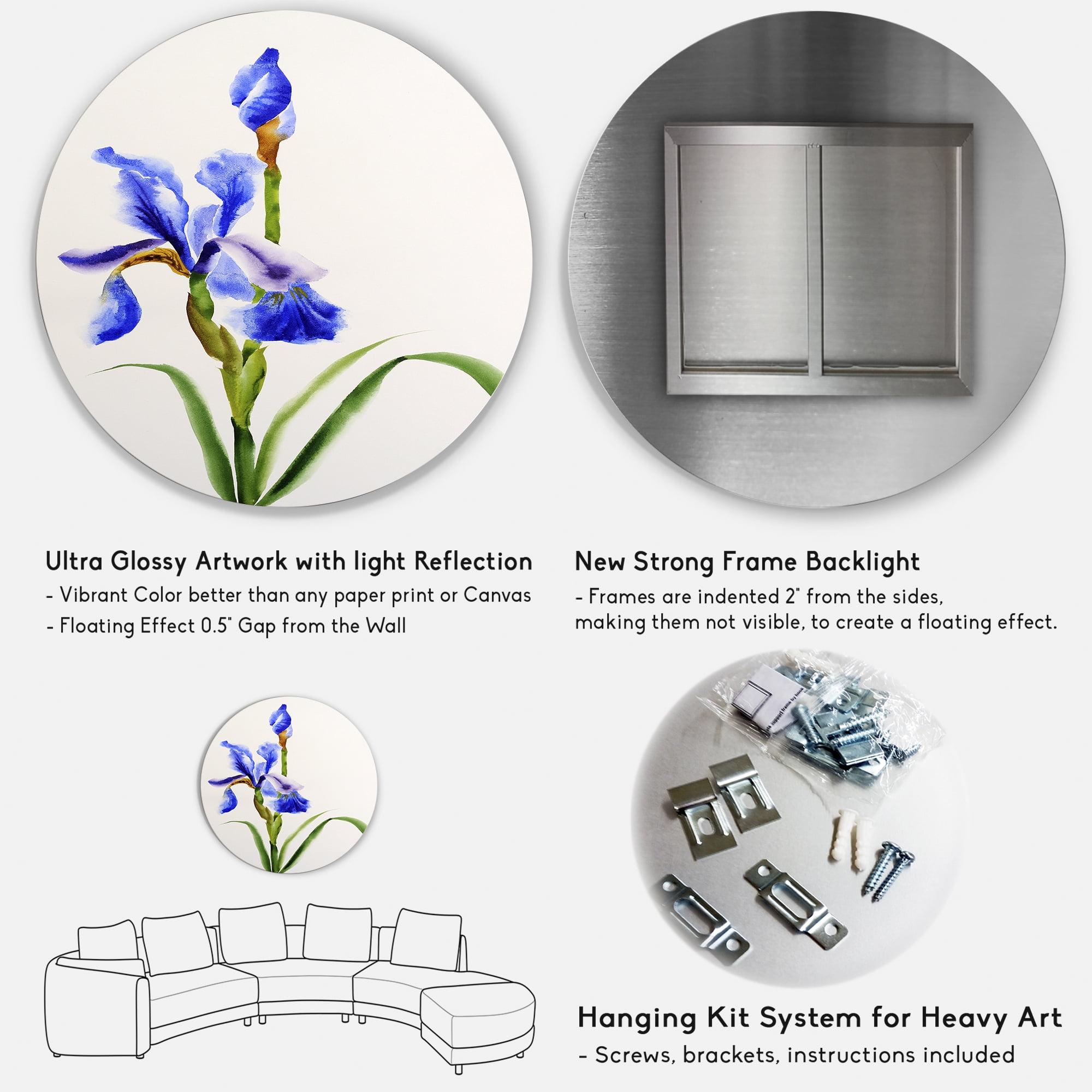 Designart 'Blue Iris Flower Retro Style' Traditional Circle Metal Wall Art 29x29 - Disc of 29
