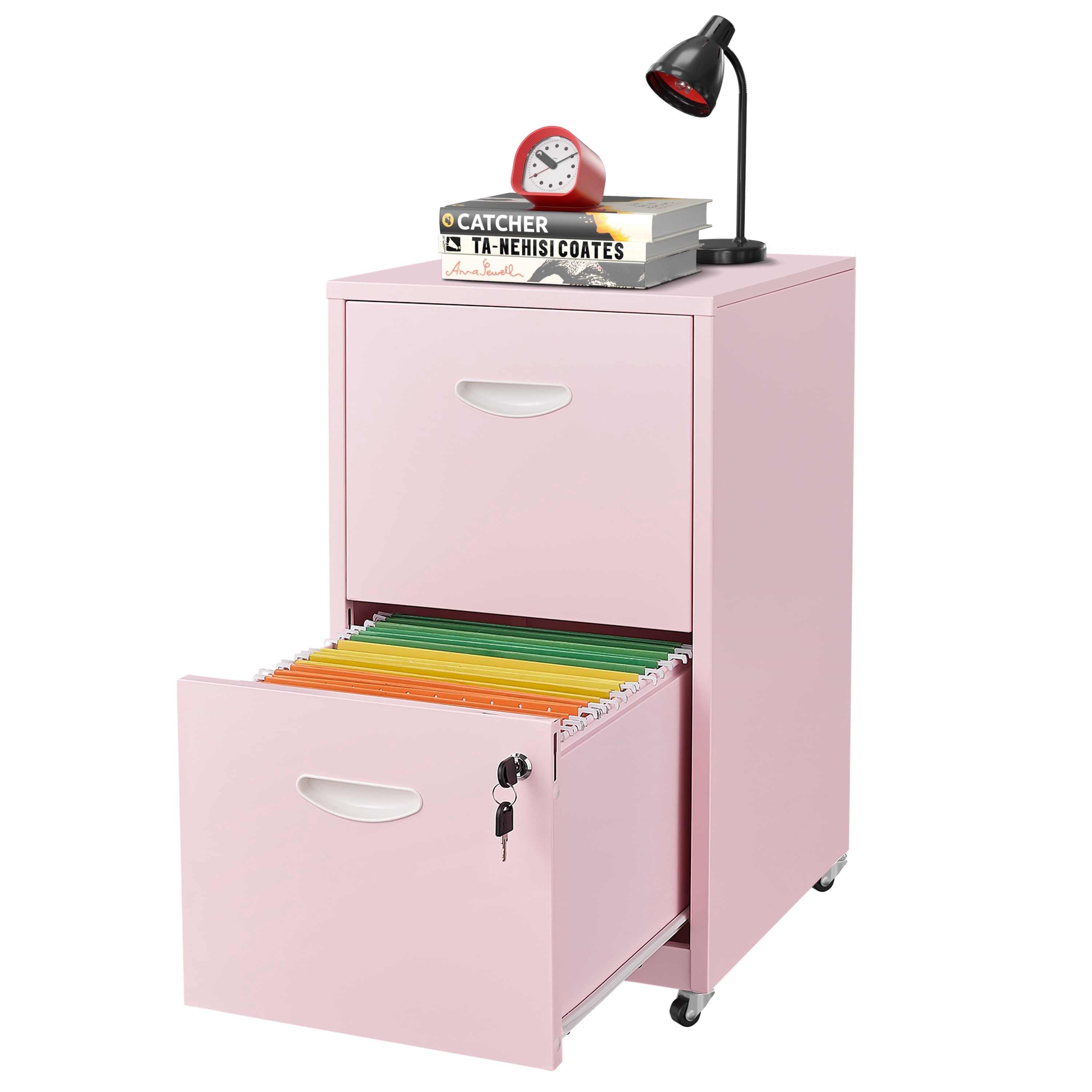 Polup Pink Office Mobile Vertical File Cabinet with Lock and Rolling Wheels 18"D Metal